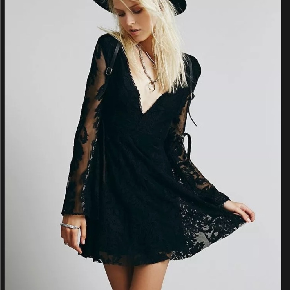 Free People Black Reign Over Me Lace Mini Flare Dress